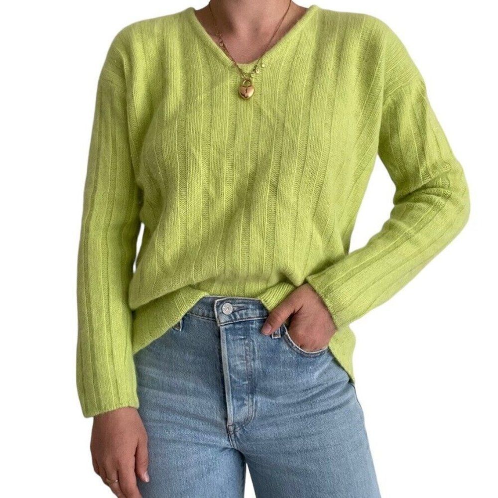 Vintage 80s Womens Gantos Soft Angora Lime Neon Green Ribbed V Neck Sweater